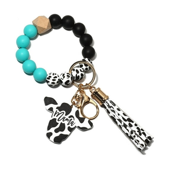 Beaded Bracelet Keychain with Tassel & Wooden Cow Pendant – Wrist Strap Key Ring for Car Keys, Wallets, Handbags & Card Bags