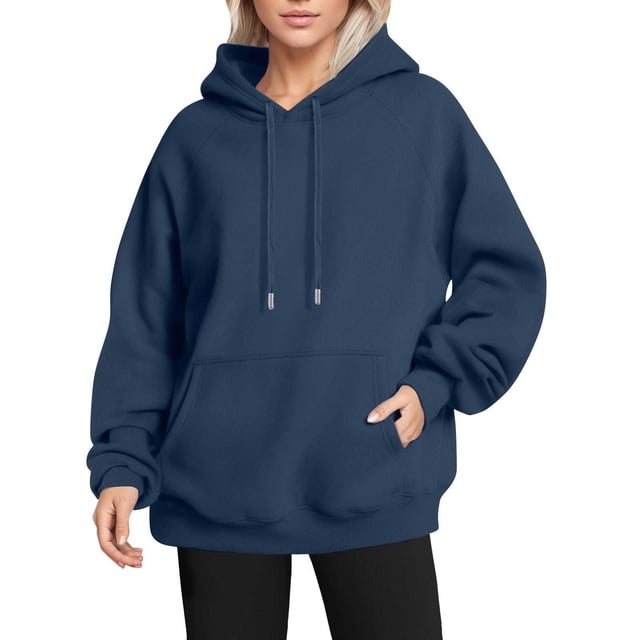 IMENGL Solid Color Plush Thick Raglan Sleeve hooded sweater Autumn Winter, Blue L, Size M-2XL