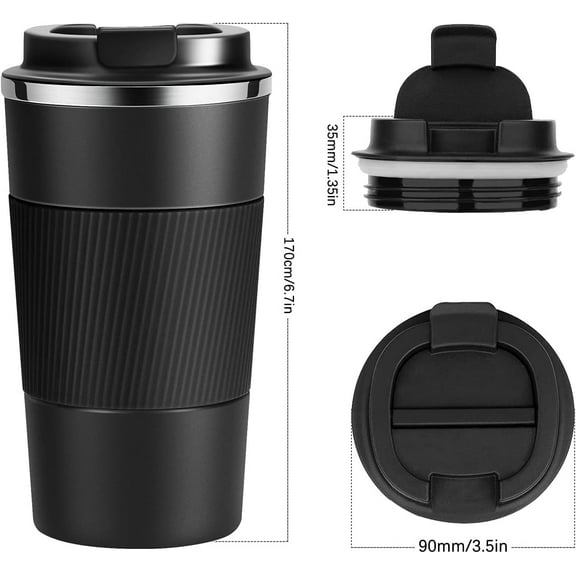 17oz Travel Coffee Cups Insulated Mug Thermal Tumbler to Go with Lid Leak Proof Reusable Stainless Steel Coffee Mug Spill Proof for Hot and Iced Cold Drinks (Black, 510ml)