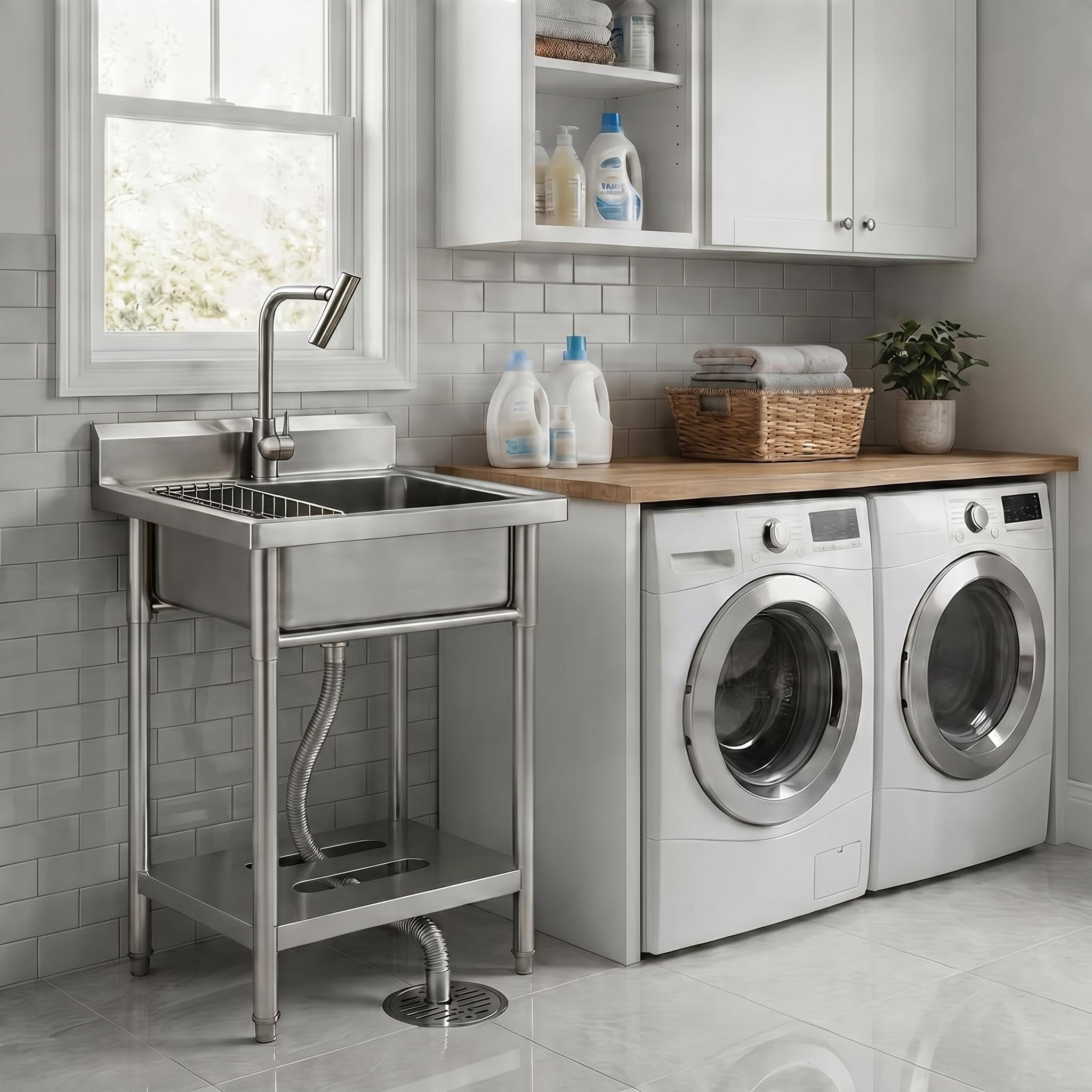 Kicctian Stainless Steel Utility Sink, 24'' × 21'' × 36'' Freestanding Stainless Steel Single Bowl Laundry Sink with T Shape Faucet for Kitchen, Bathroom, Garage or Basement