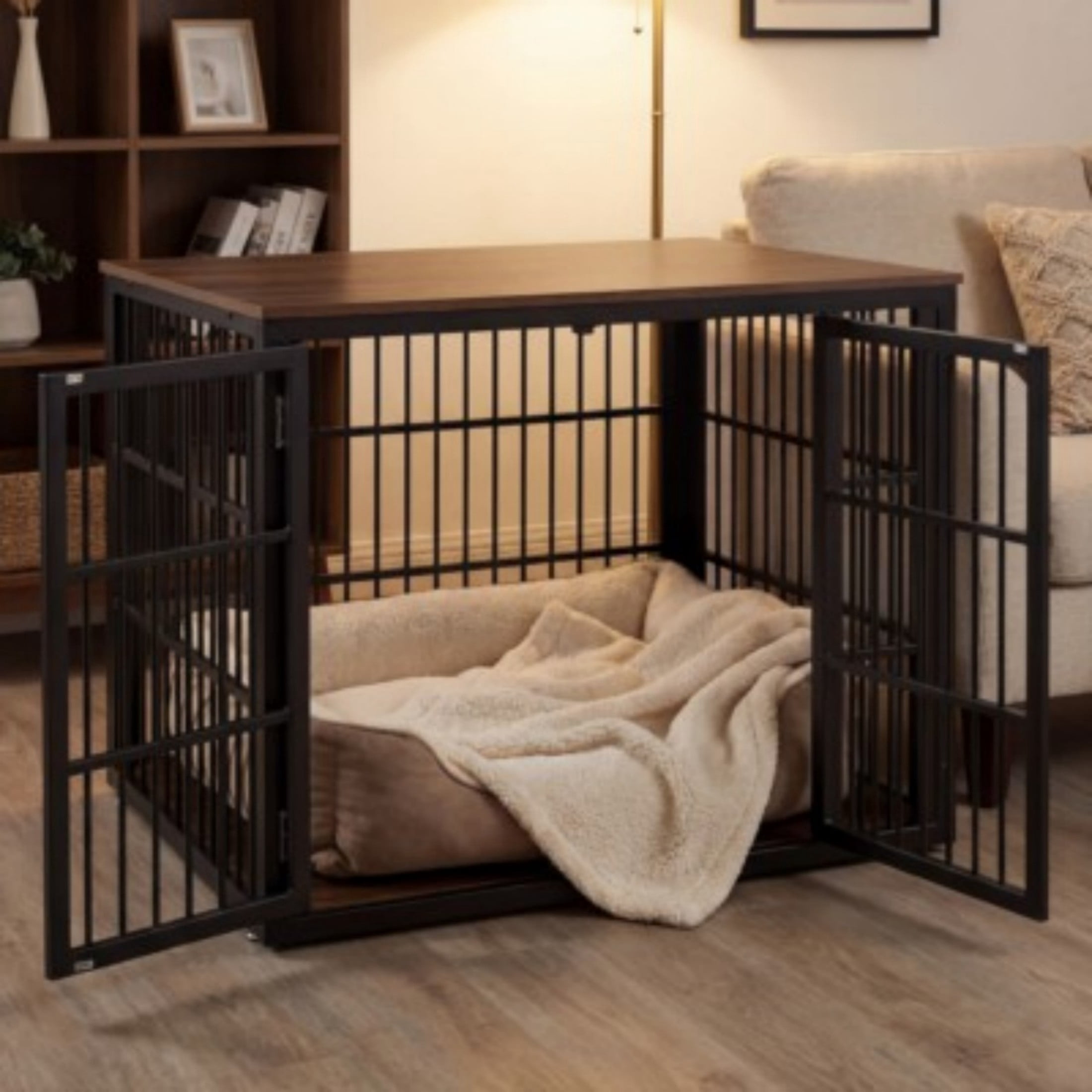 SHOUFTW 4-Panel Dog Crate Furniture, Iron Wood Dog Cage, Heavy Duty Pet Kennel, Particle Board Top & Metal Frame, Black Rust