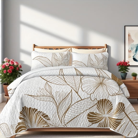 Flymme 3-Piece Gold Tropical Leaf Quilt Set Queen Size,White & Gold Botanical Line Art Bedspread Lightweight Microfiber Coverlet for Modern Bedroom Decor
