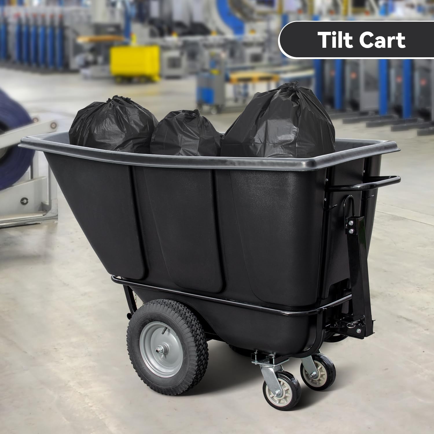 HPDMC 1/2 Cubic Yard Tilt Dump Truck, 1400 lbs Capacity Heavy Duty Trash Cart with 16" Pneumatic Wheels & 6" Swivel Casters, Industrial Garbage Recycling Cart for Construction & Warehouse, Black