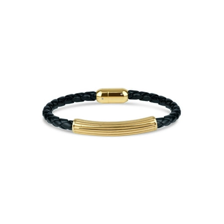 - 316L Stainless Steel Gold IP Textured Center Leather Braided Bracelet, 8.5