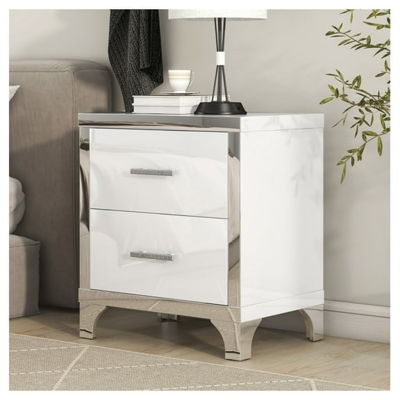 High Gloss Nightstand with Metal Handle,Mirrored Bedside Table with 2 Drawers for Bedroom,Living Room,White