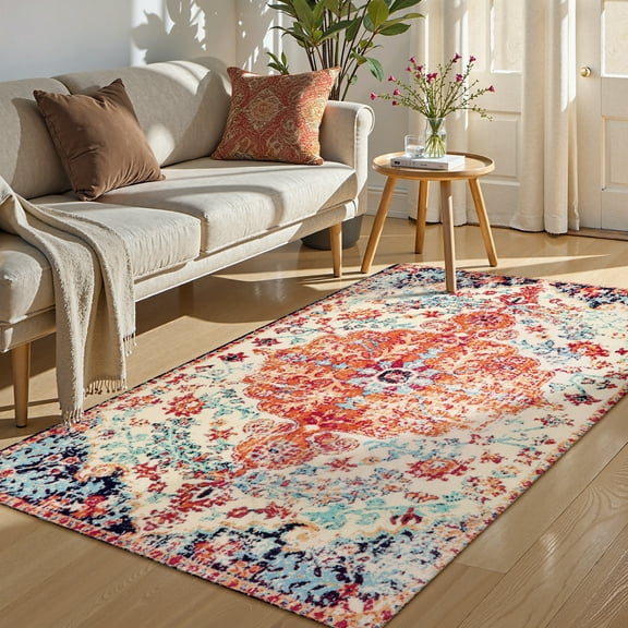 Lahome Decor 3’x5' Area Rug for Living Room Washable Entryway Rug Boho Floral Medallion Front Door Mat Non Slip Vintage Indoor Accent Carpet for Laundry Room Bedroom Kitchen Apartment, Orange