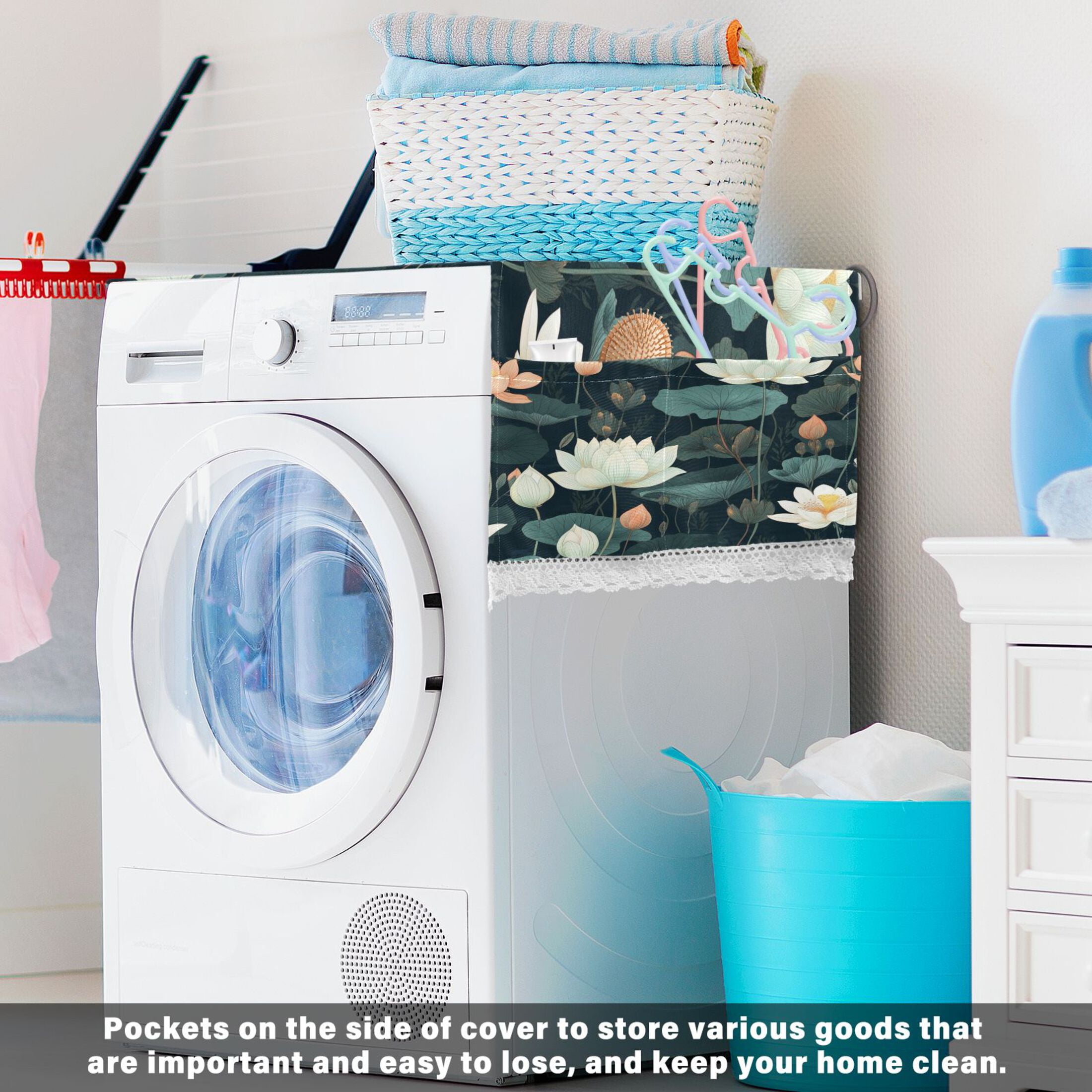 WOBOGO White Lotus Flower Washing Machine Cloth Dryer Refrigerator Top Cover Protective Non-Slip Mat For Kitchen Laundry
