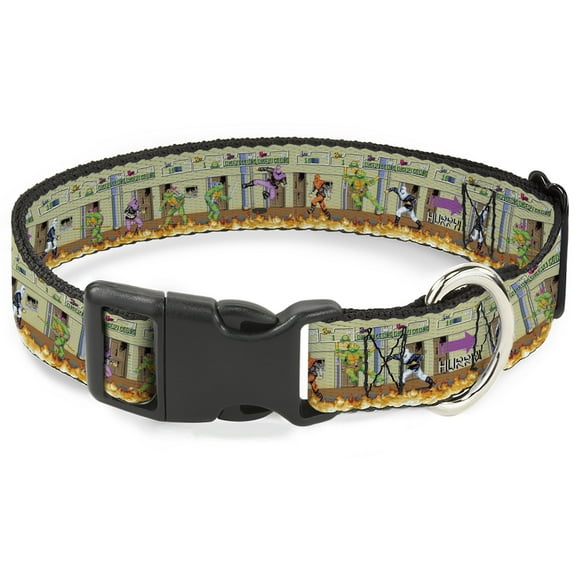 Nickelodeon Pet Collar, Dog Collar Plastic Buckle, Ninja Turtles Battle Foot Soldiers Video Game Scene Tan, 7 to 8.5 Inches 0.5 Inch Wide