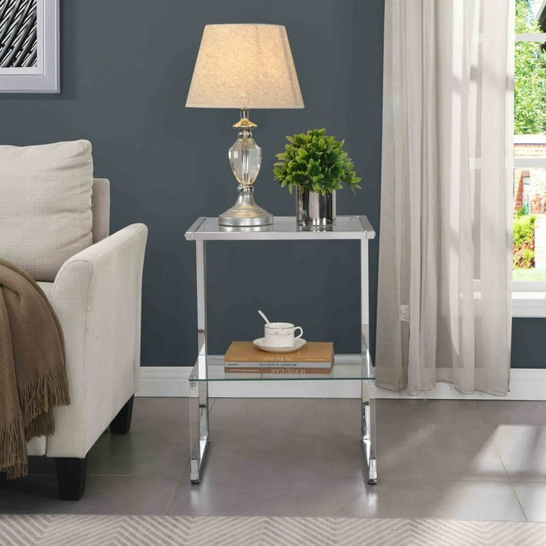 Gzxs 2-Tier Silver Chrome Side Table, Modern Glass End Table