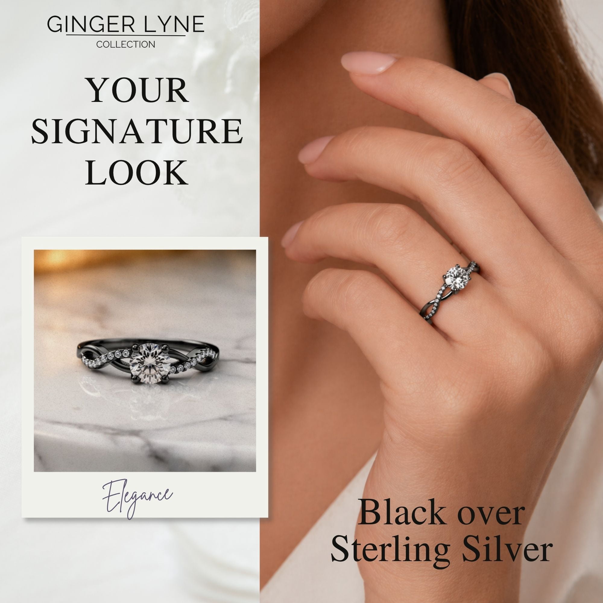 Queena Solitiare Black Engagement Ring for Women Sterling Silver CZ Ginger Lyne Collection
