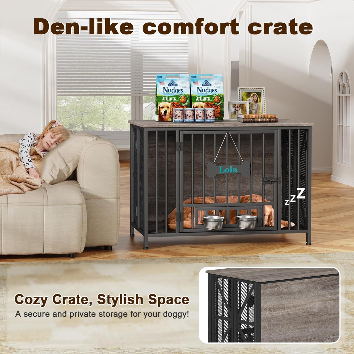 POAO 41" Foldable Dog Crate Furniture, Assembly-Free Dog Crates for Large Dogs,Dog Kennel Indoor with Tag & Adjustable Dog Bowls,Oak Grey