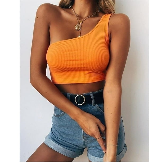 Women's One Off Shoulder Knitted Solid Color Top One Strap Top Sleeveless Short Ribbed Broadcloth Low-cut Casual Streetwear Tank Tops Walmart.com
