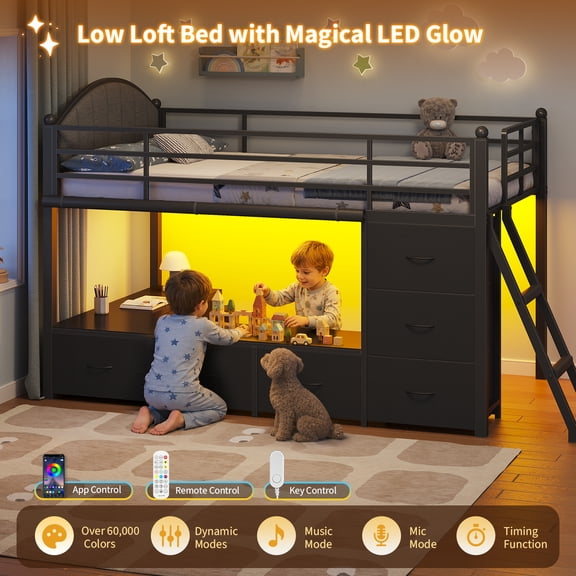 Low Loft Bed Twin Size with Upholsterd Headboard and 8 Storage Drawers, Metal Loft Twin Bed Frame with LED Lights, Under-Bed Play Area, Play Curtain, Safety Guardrail and Ladder, Black