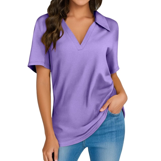 Hiiyo Polo à Col en V à Manches Courtes pour Femme, T-Shirt Uni d'Été Décontracté, Tailles P