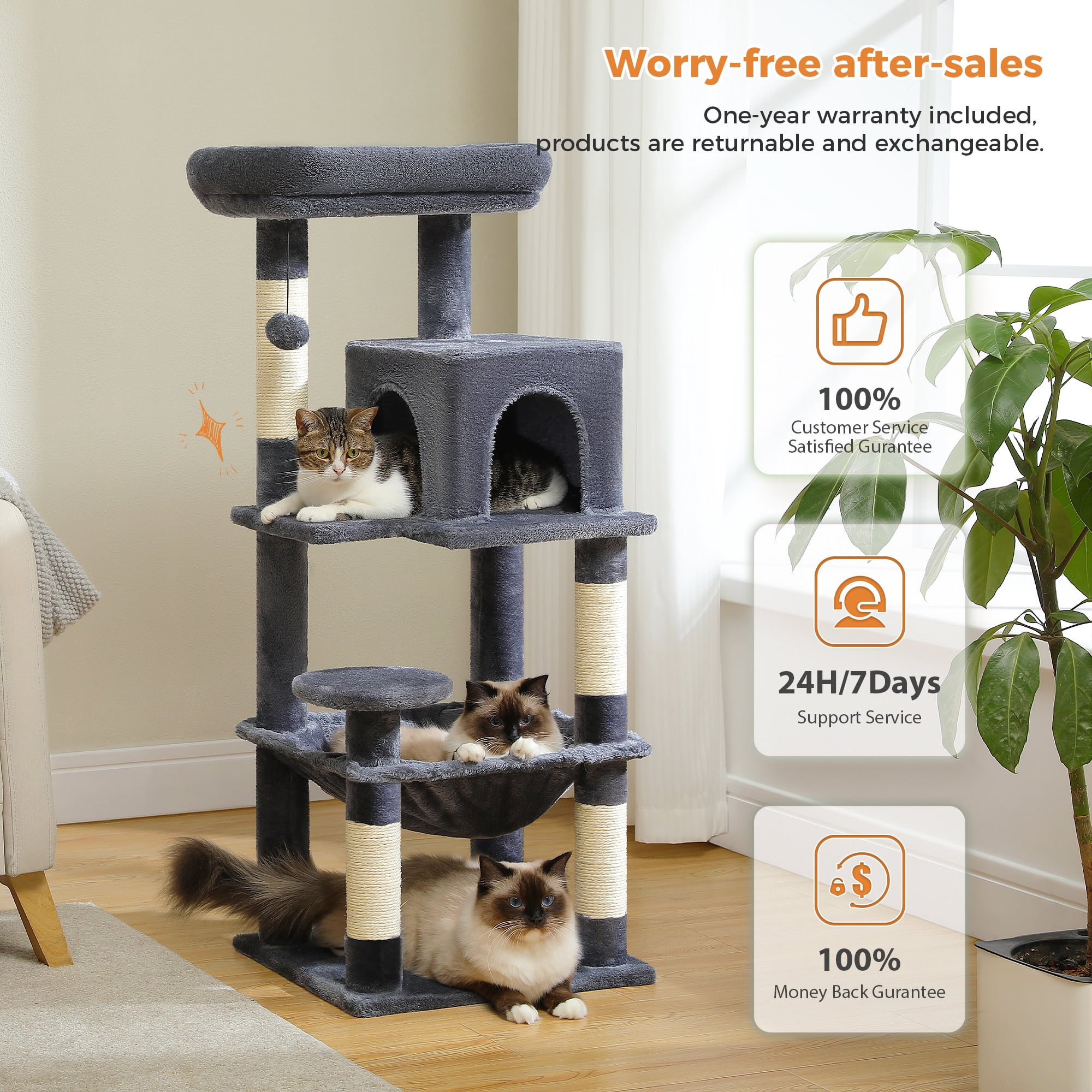 PEQULTI 45.7" Multi-Level Cat Tree Large Cat Tower Indoor with Condo and Hommock Dark Gray