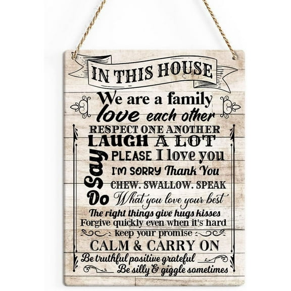 Rustic in This House We are a Family Wood Decor Sign, Family Quote Saying Printed Wood Sign Wall Art, Hanging Door Sign, Decorative Wood Sign Home Decor 8x10