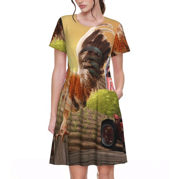 Balery Country Farm Morning Rooster Vestidos sueltos de manga corta para mujer, vestidos de verano 2025, vestidos casuales de corte A con vuelo.