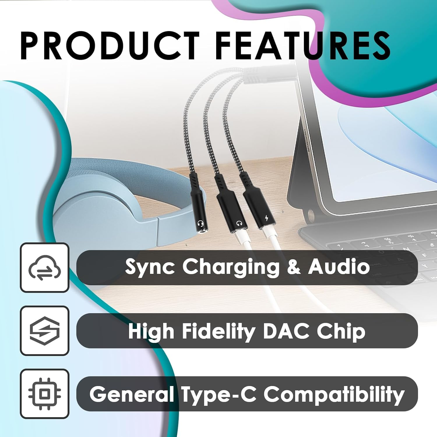 MHAWBL-2 Pcs 3 in 1 Dual Type C Aux Splitter Charger, USB C to 3.5mm Headphone and Charger Adapter, Fits for iPhone 15/16 Pro/Max/Plus, Samsung Galaxy S22/S23/S24 UltraHuawei Mate 40/30/20