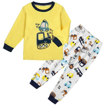 

0-4T 100% Cotton Kids Boys Cartoons 2-Piece Pajama Set Long Sleeve T-Shirt And Pants Sleepwear