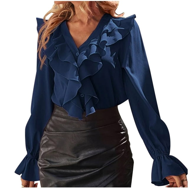 Annhoo Going out Tops for Women Long Sleeve Button down V Neck Blouses Fashion Ruffle Trim Fall T-Shirts