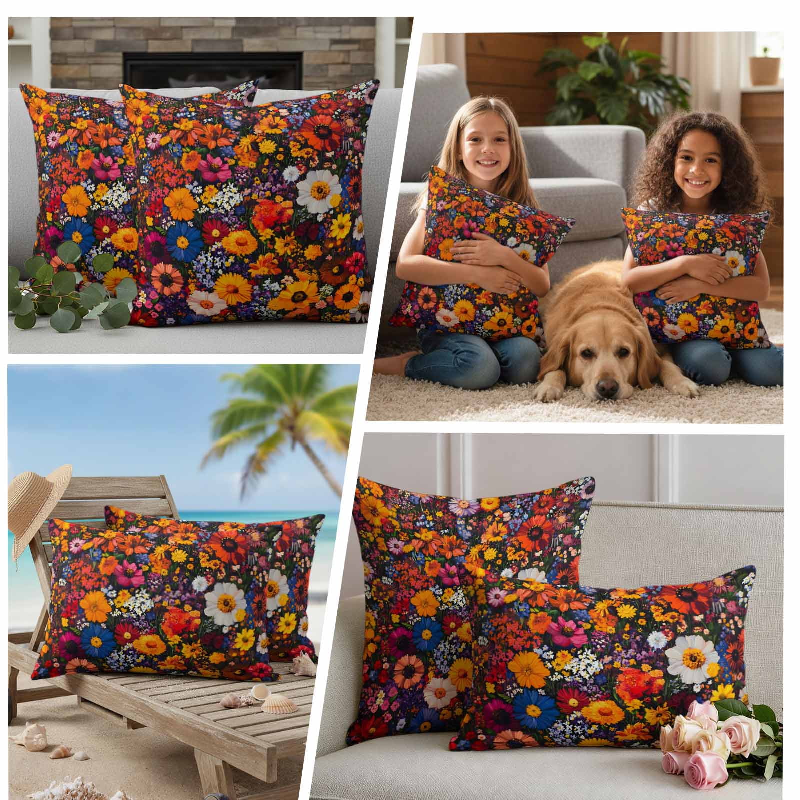 Red Orange Floral Pillow Covers 2 Pack Spring Flower Green Leaf Plant Farm Watercolor Pillowcase Waterproof Outdoor Throw Pillow Cover for Patio Balcony Rectangular Cushion 20”x12”