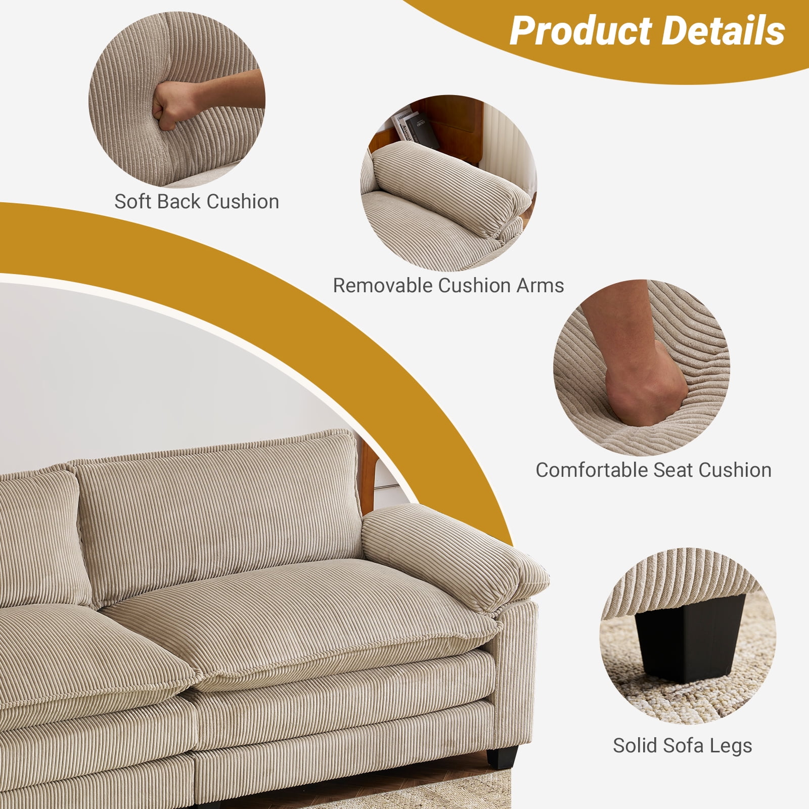 Ktaxon Corduroy Sofa Bed with Removable Ottoman, 90" Oversized Loveseat with Double Layer Cushions, Pillow Arms, Wood-Grain Legs for Living Room Bedroom Khaki