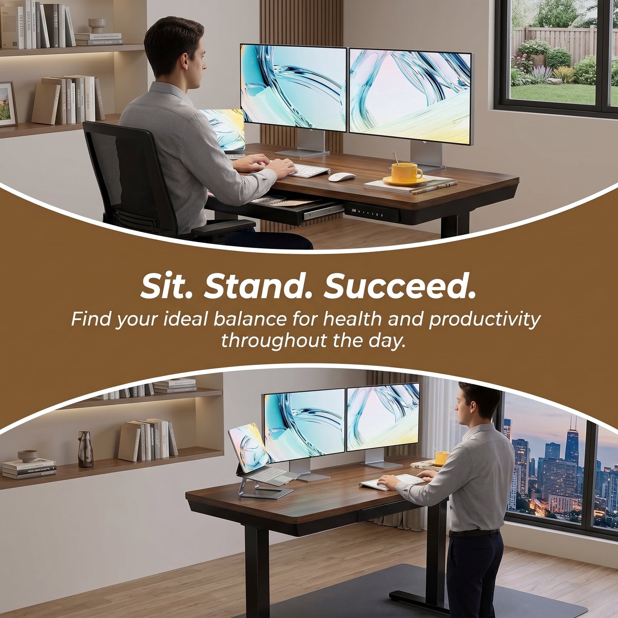 One-Piece Tabletop Standing Desk with USB & Type-C & Drawers, 48" x 24" Electric Adjustable Height Desk, Sit to Stand Up Computer Desk, Walnut