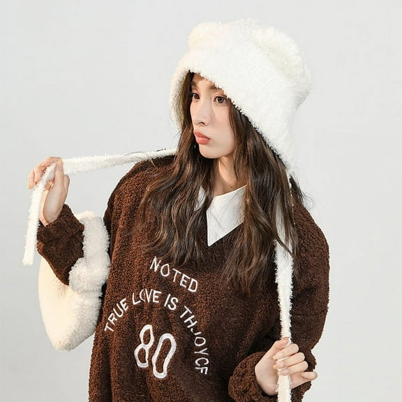 SikaFu Autumn And Winter Is The Versatile Windproof Wind And Warm, Soft Adorable Hats, Female Plush Cute Little Bear Care Ear And Knitted Hat
