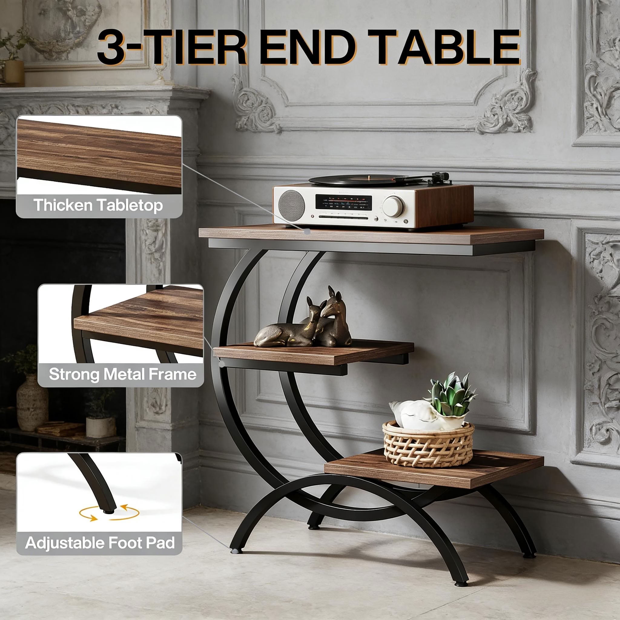 MAYEERTY 3-Tier C-Shaped End Table, Industrial Side Table with Wood Top and Metal Frame, Space-Saving Sofa for Living Room, Bedroom