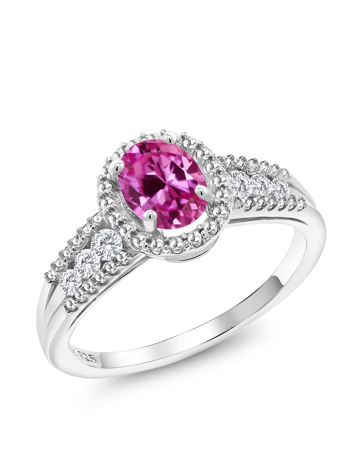 Gem Stone King 1.00 Ct Oval Pink Created Sapphire 925 Yellow Gold Plated Silver Ring