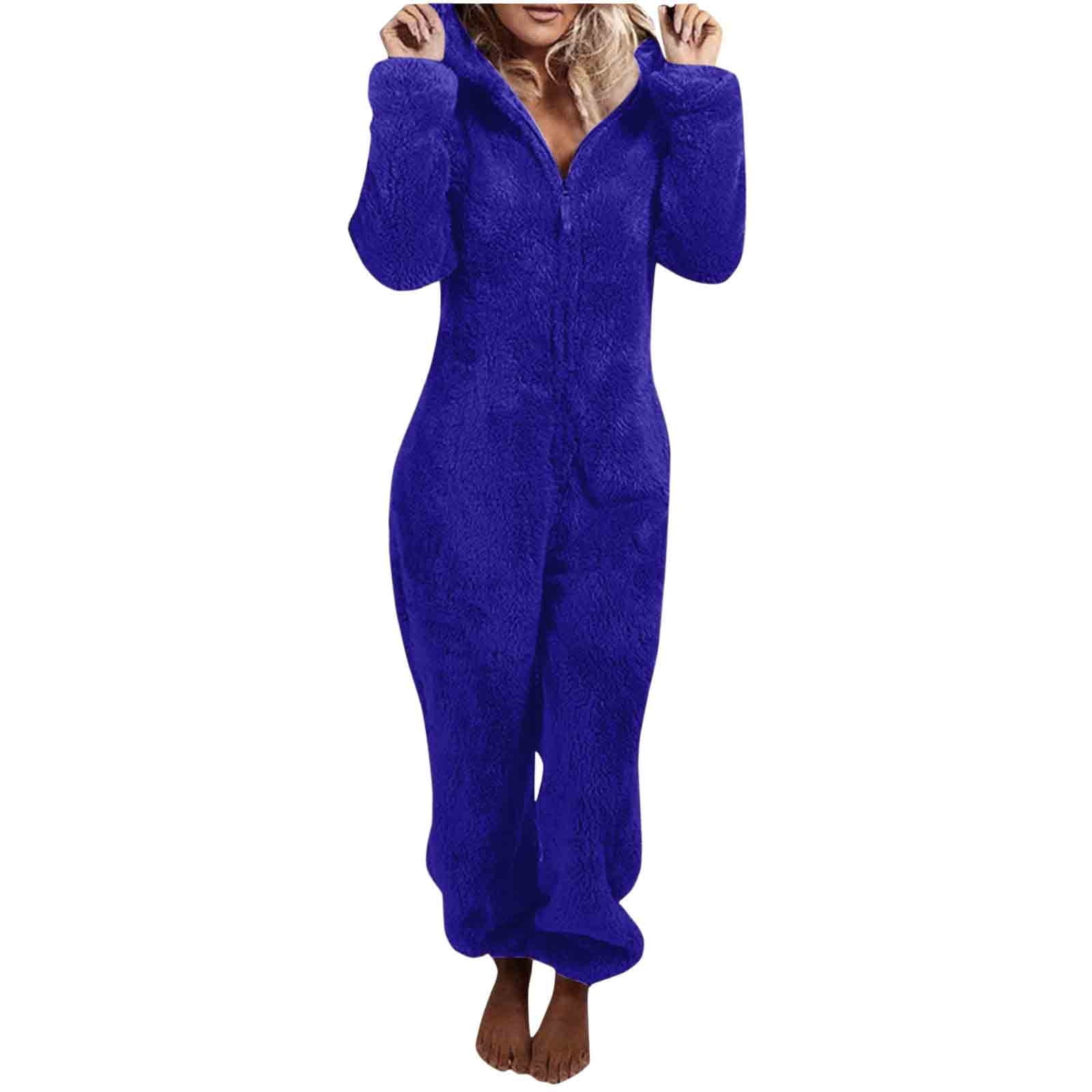 FRSASU Womens Fleece Onesies Pajamas Jumpsuit Warm Sherpa Romper Sleepwear One Piece Zipper Hooded Playsuit Loungewear