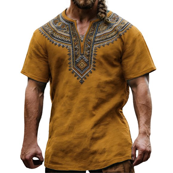 Medieval Viking T-Shirt for Men Ethnic Printed Summer Boho Short Tee Retro V Neck Cotton Linen Beach Hippie Shirt