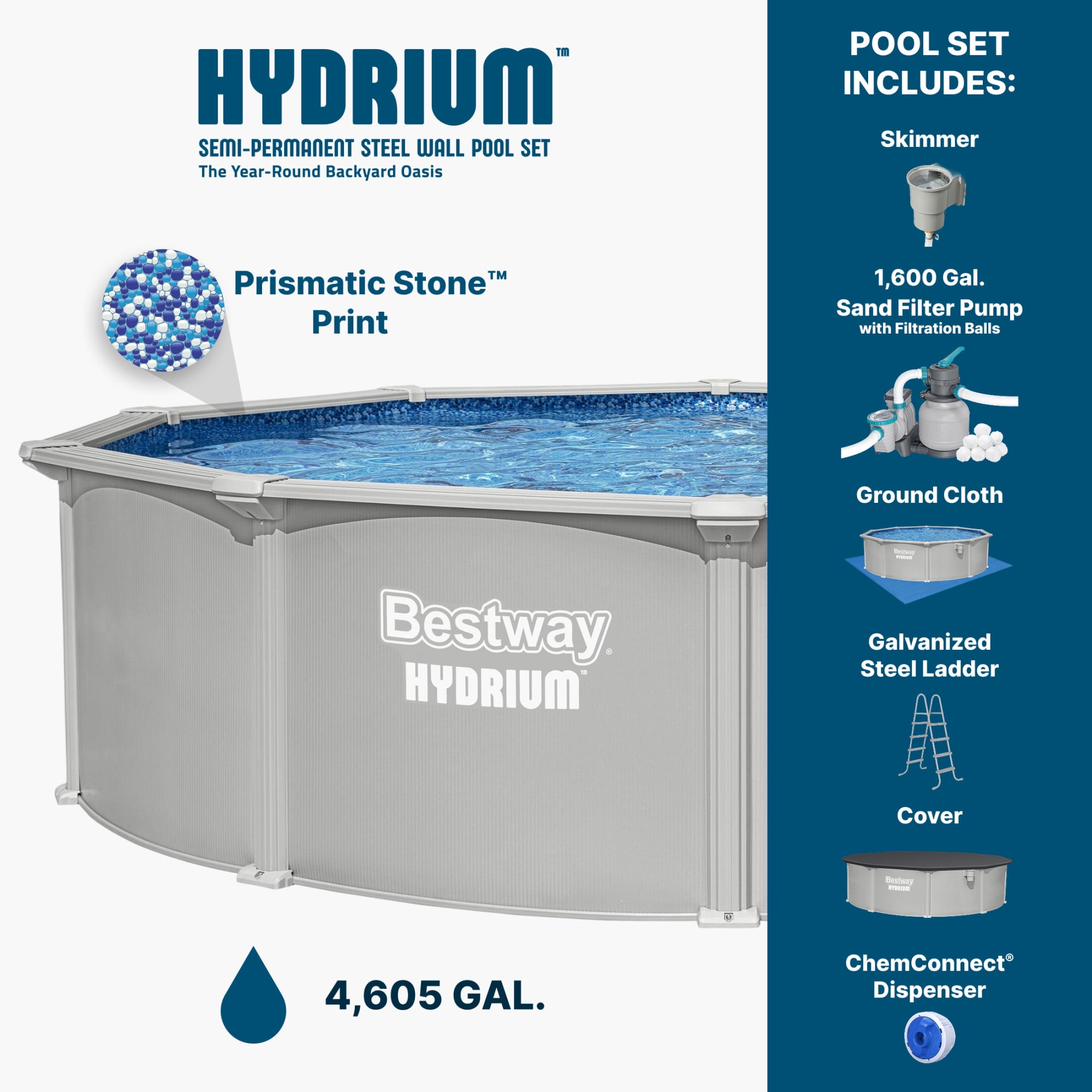 Bestway Hydrium 15' x 48" Steel Side Wall Above Ground Pool w/ Sand Pump & Accessories
