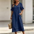 thumbnail image 6 of Women's Casual V-Neck Short Sleeve Summer Dress with Pockets, Solid, 6 of 9