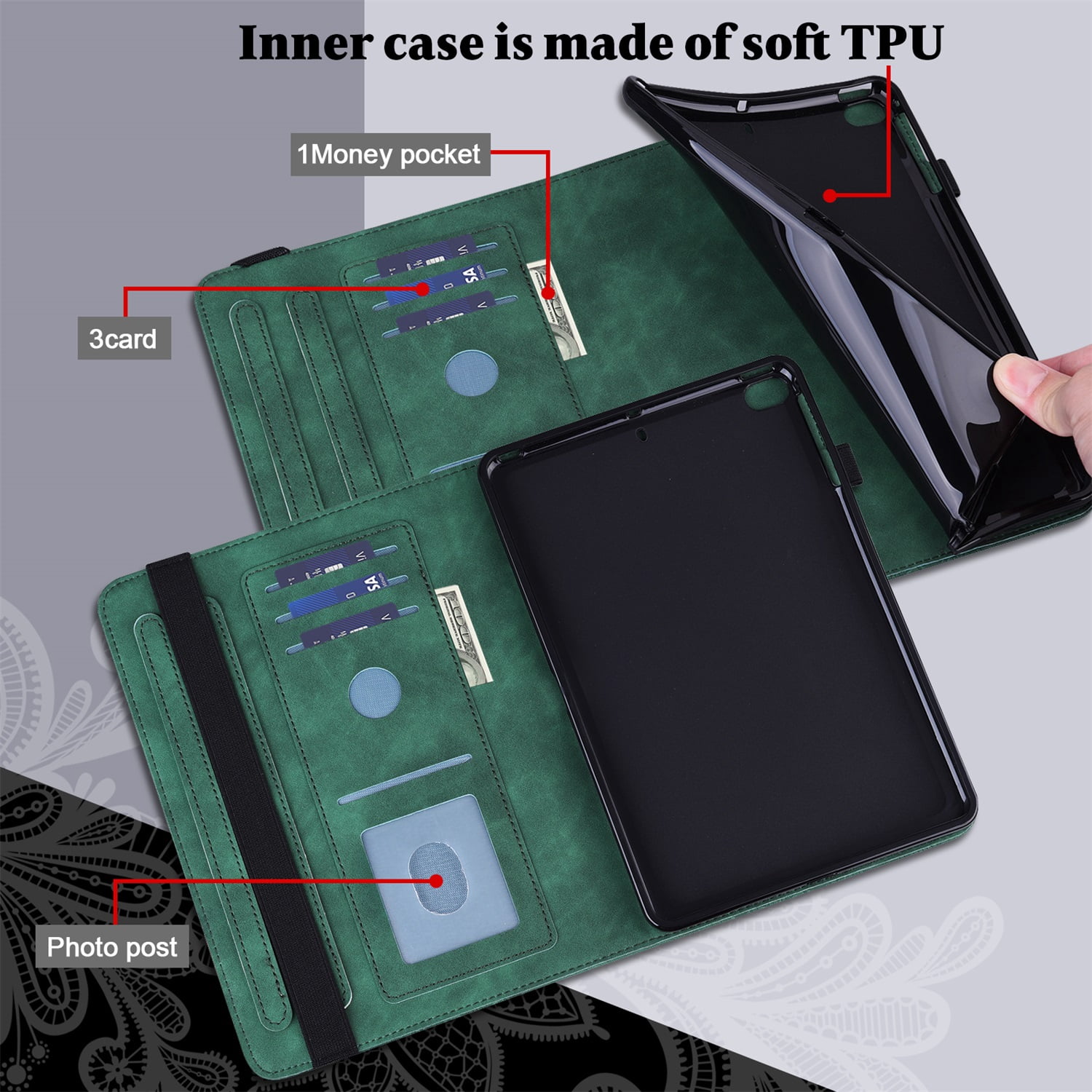 SaniMore for iPad 10th Generation 10.9" 2022 Embossed Case, PU Leather Case with Card Slot & Kickstand Pencil Holder & Hand Strap Shockproof Protective Case for Women Girls, Green
