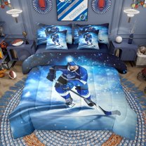 Manfei Hockey Sport 7-Piece Twin Bedding Sets,Ball Game Gaming Bedding Comforter Set,White Blue Sheet Sets For Boys Teens,Ultra Soft Home Decor Reversible