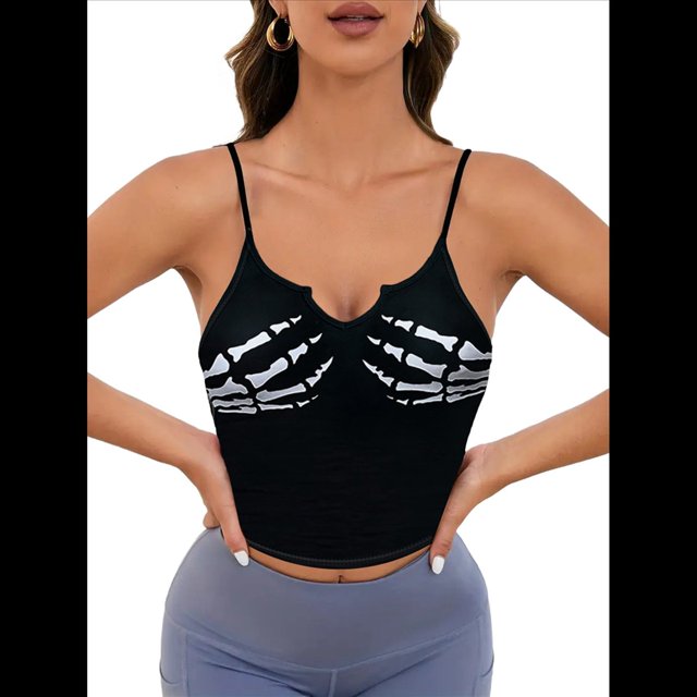 Camisola Corta Sin Mangas con Estampado de Calavera de Halloween para Mujer Negro XL