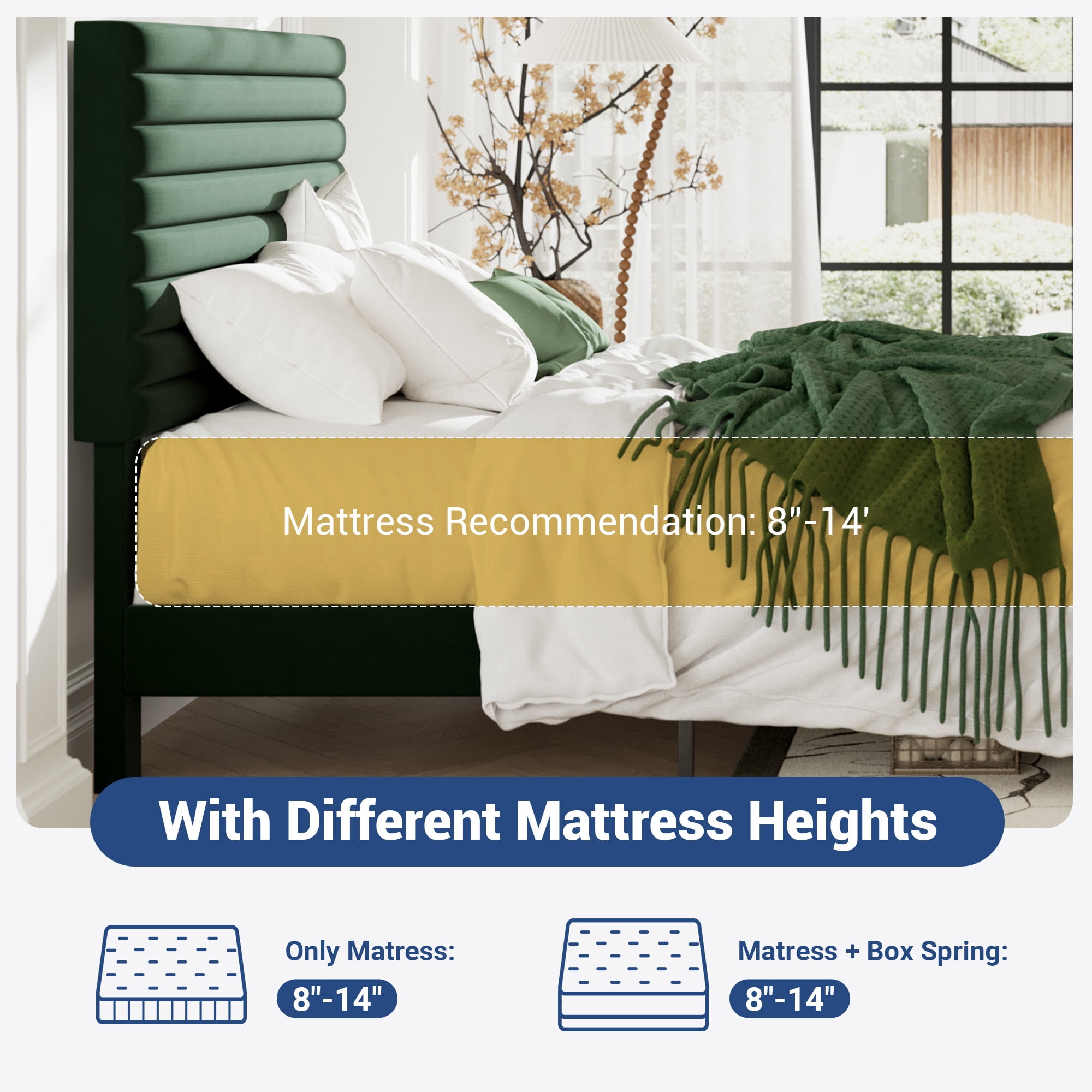 Allewie Full Size Adjustable Headboard Bed Frame with 7.9'' Underbed Storage, No Box Spring Needed, Green