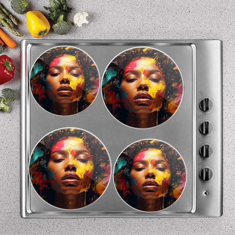 BaHomeck Electric Stove Burner Covers Set of 4,Round Metal Gas Stove Burner Covers 8 Inch and 10 Inch,Kitchen Decor,Stunning African American Woman With Array Of Colorful