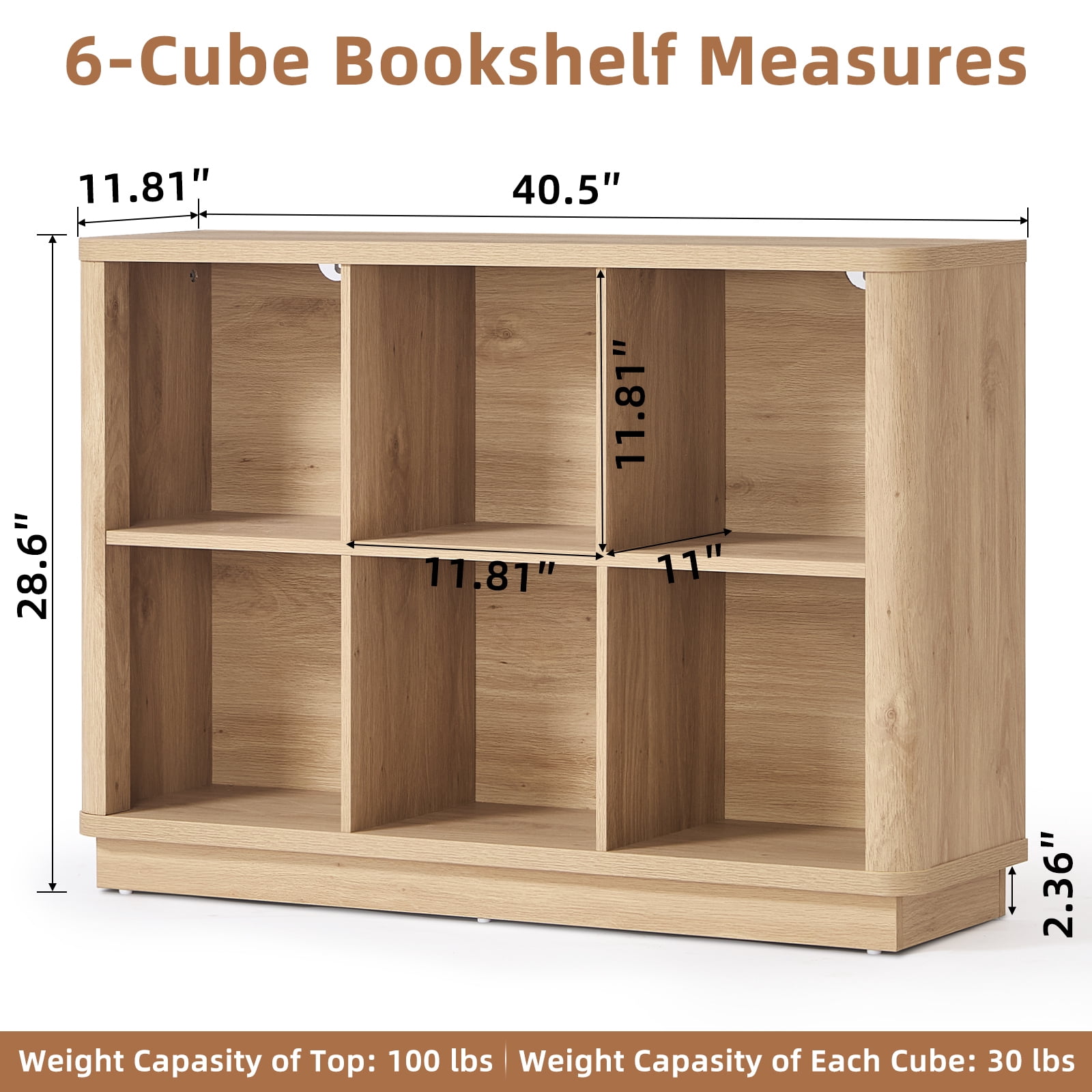 6 Cube Storage Book Shelf, 40.5" Wide Wood Cube Storage Organizer, Wooden 2 Tiers Floor Standing Low Bookcase for Living Room, Home Office, Kids Room