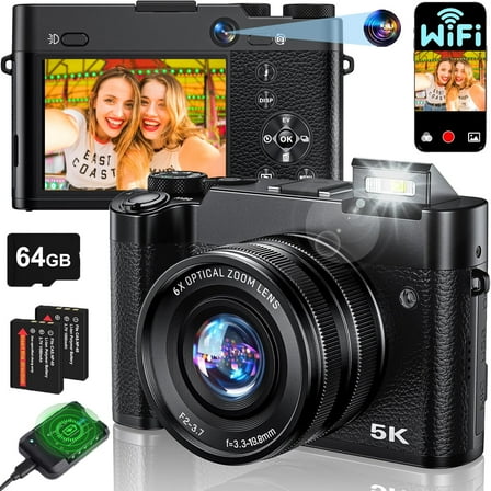 5K Digital Camera 64MP WiFi Dual-Lens Vlogging Camera for YouTube with 64GB Card 6X Optical Zoom Autofocus Video Cameras for Photography