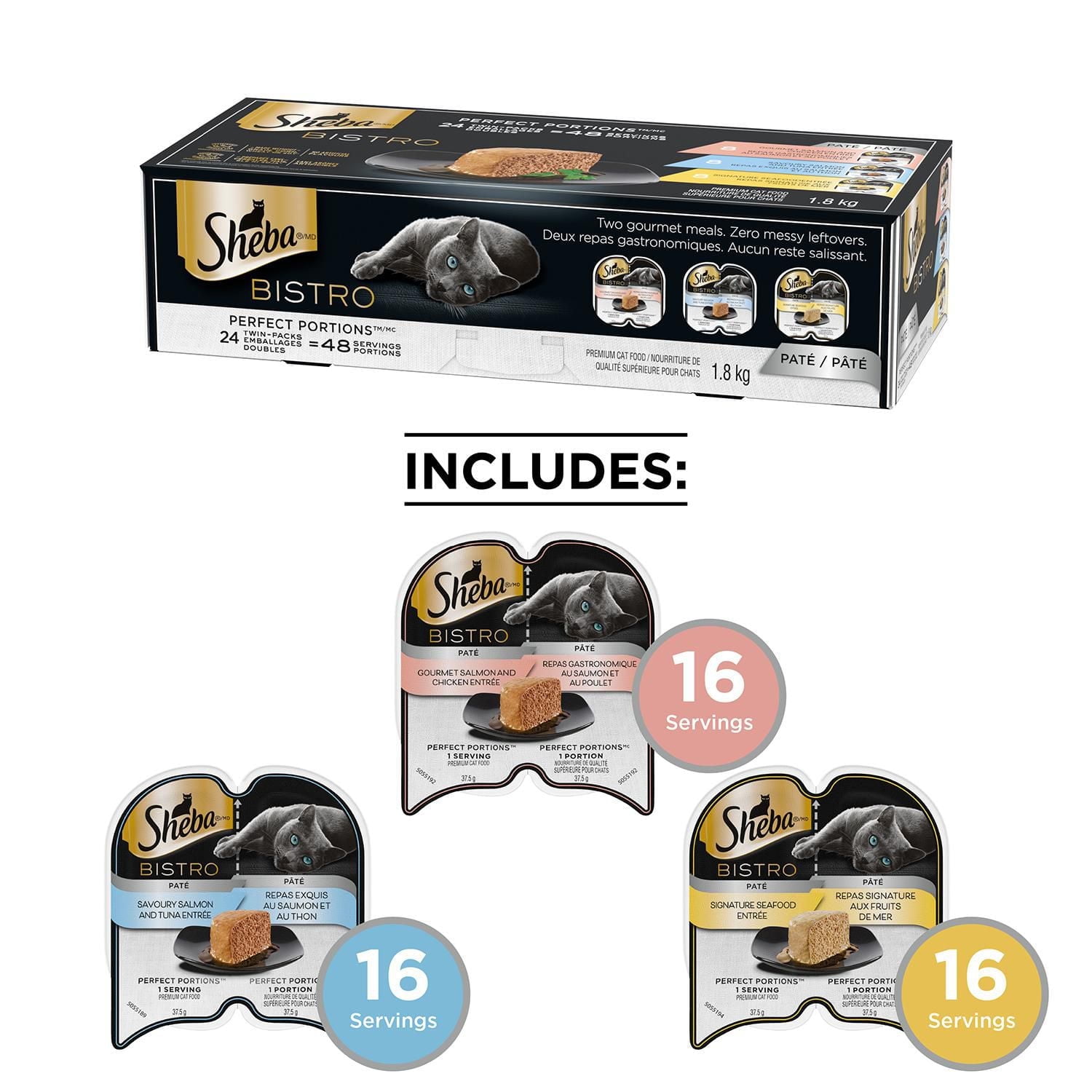 Sheba Bistro Perfect Portions Salmon & Chicken, Savoury Salmon & Tuna and Signature Seafood Adult Wet Cat Food Paté Variety Pack, 24x75g