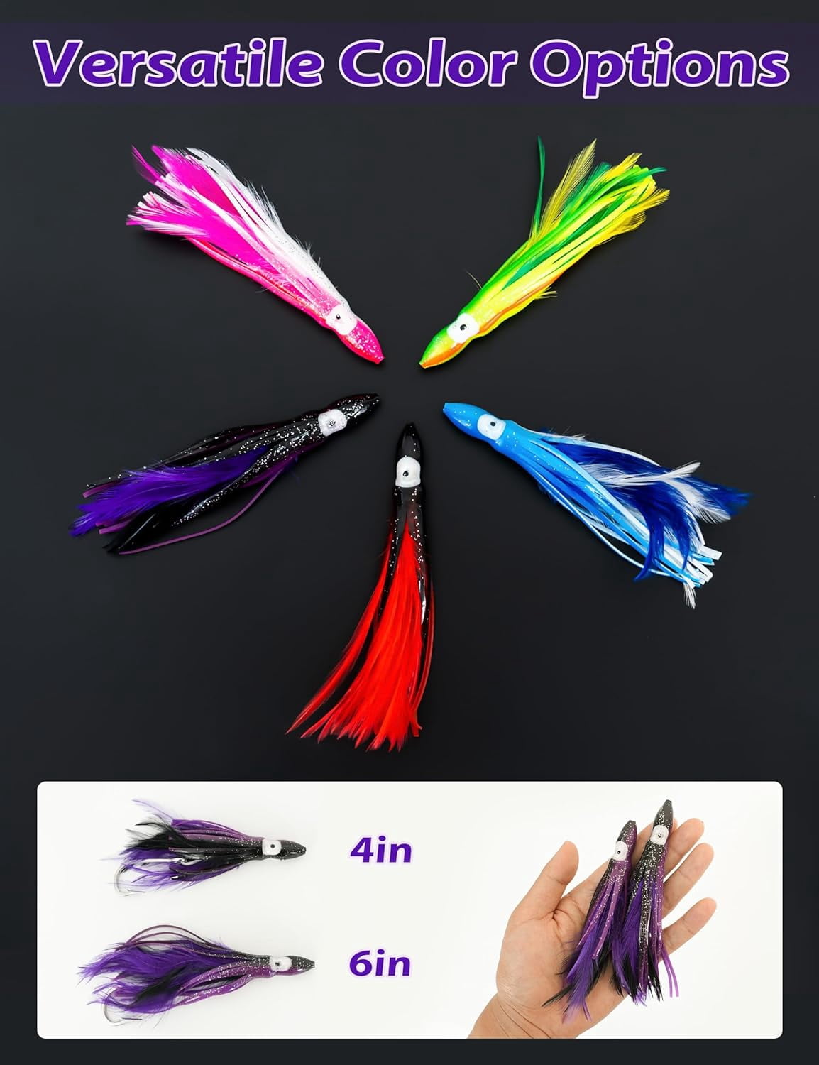 BLUEWING Tuna Feather Daisy Chain Squid Chain Fishing Teaser Lure with 4in Feathered Trolling Squids and Stainless Steel Trolling Hook Big Game Trolling Lure for Tuna Mahi Wahoo Marlin, Black/Purple