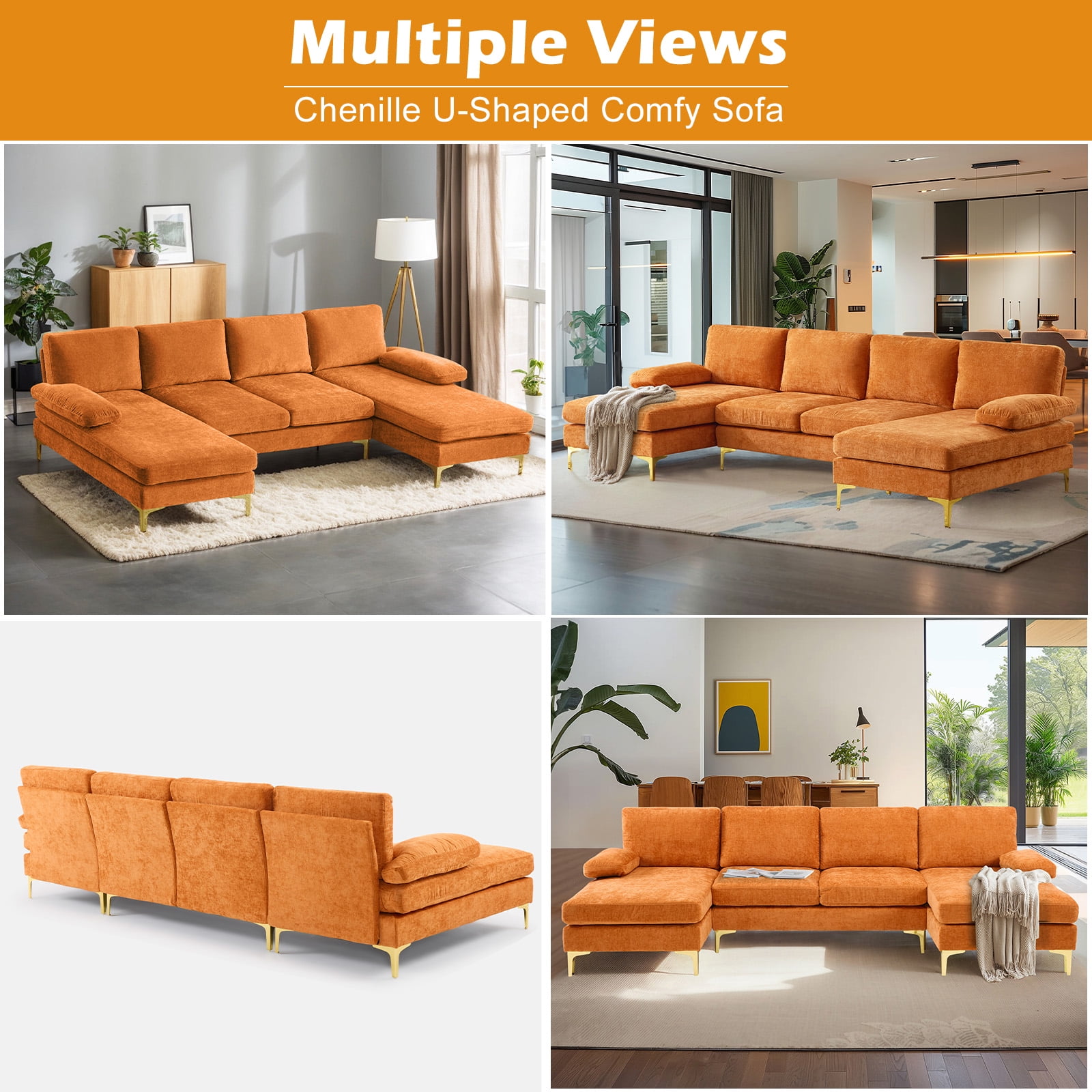 Ktaxon Sectional Sofa Set, 110" U-Shaped Chenille Couch, 4 Seat Lounge Sleeper with Double Chaise for Living Room Orange