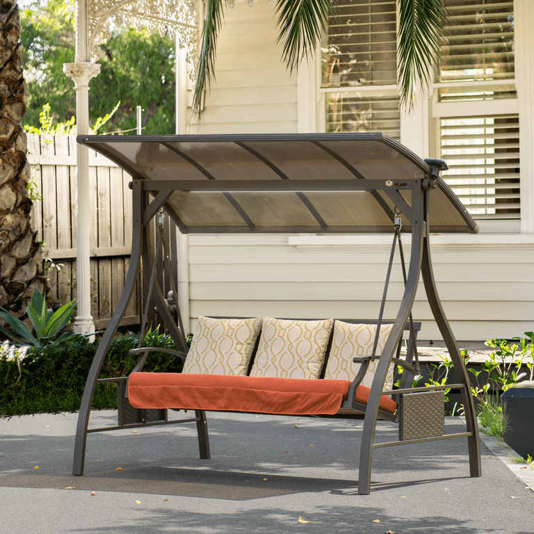 Patio Porch Swing 3 Person Adjustable Canopy Deluxe Hammock Swing Glider with Solar LED Light and 3 Sunbrella Cushions for Outdoor Garden Balcony