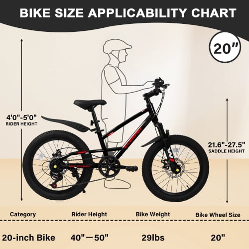 imerelez 20 inch Mountain Kids Bike for Boys & Girls Ages 6-12, 7-Speed Drivetrain with Front Suspension & Disc Brakes for Neighborhood Riding & Gift,Black
