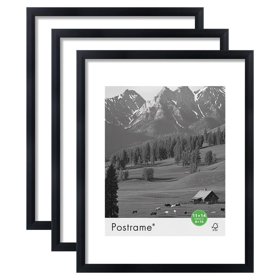 Postrame 11x14 Matted to 8x10 Picture Frame, Black Linear Gallery Wall Photo Frame, Set of 3