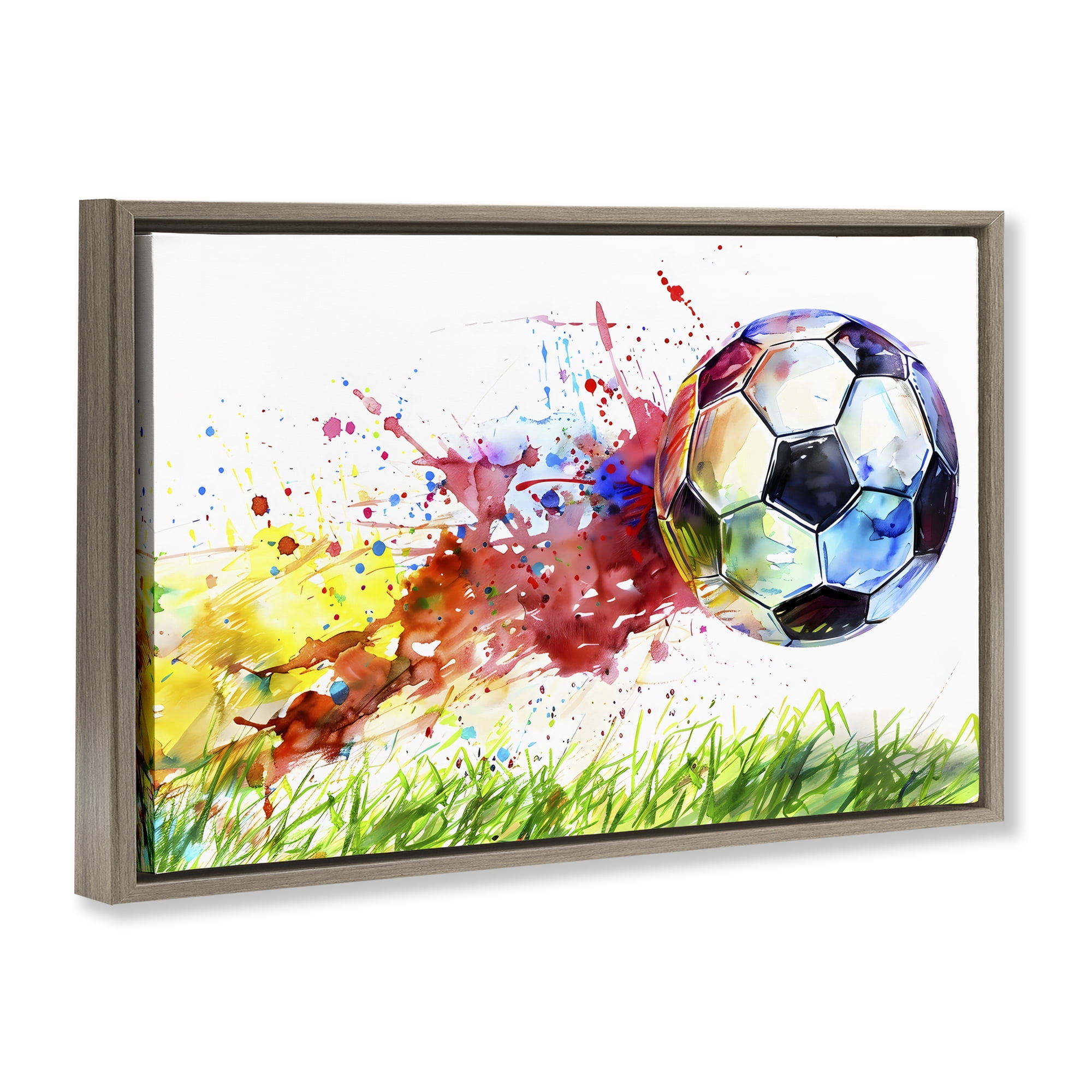Stupell Industries Watercolor Soccer Ball in Motion Brown Framed Floater Canvas Wall Art, design by Creative Studio