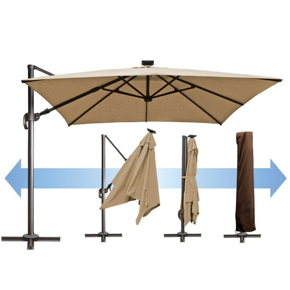 SUNNYOUTDOOR 10'x10' Deluxe Cantilever Umbrella LED Lighted Umbrella Sunbrella Cover Patio Umbrella Garden Outdoor (Heather Beige)