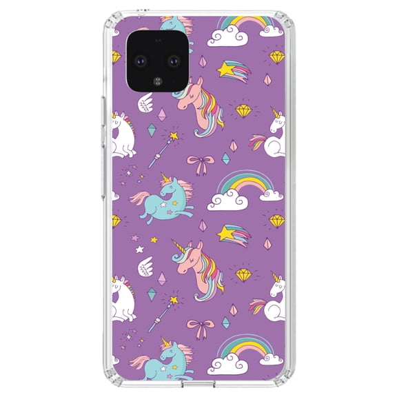 DistinctInk Clear Shockproof Hybrid Case for Google Pixel 4 XL (6.3" Screen) - TPU Bumper, Acrylic Back, Tempered Glass Screen Protector - Unicorn Rainbow Wand Pattern - Purple